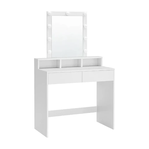 VASAGLE Vanity Desk with Mirror, Makeup Vanity Table with Lights, Adjustable Brightness, 31.5-Inch Wide Makeup Desk with 2 Drawers, 3 Storage Compartments, for Bedroom, Modern, White