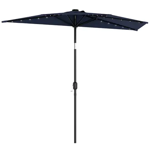 Outsunny 2.6 m Half Garden Parasol with Solar LED Lights, UPF50+ Semi Round Umbrella with 30° Tilt, Crank Handle, Metal Frame for Balcony, Dark Blue