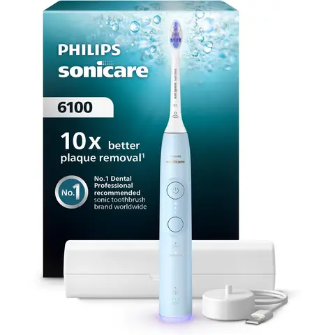 Philips Sonicare 6100 Elektrische Tandborstel, Sonic Tandborstel met 2 Reinigingsmodi, 3 Intensiteitsniveaus, Drukontlastingsfunctie, EasyStart, SmarTimer, BrushPacer, Lichtblauw, Model HX7406/02 [Nieuwe Technologie]