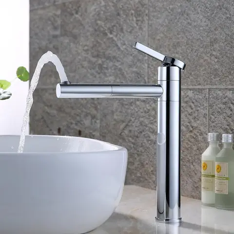 Robinetterie de lavabo HOMELODY avec bec rotatif 360° et corps - Robinetterie de salle de bain en acier inoxydable avec hauteur de bec de 215 mm - Mélangeur monocommande chromé pour évier de comptoir - Chromé