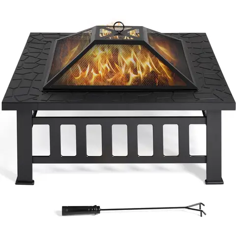 Yaheetech 34 '' Outdoor-quadratischer Feuerring Metall-Gartenherd Feuerschale zum Grillen, Heizen und Kühlen von Getränken mit Abdeckung und Schürhaken Schwarz