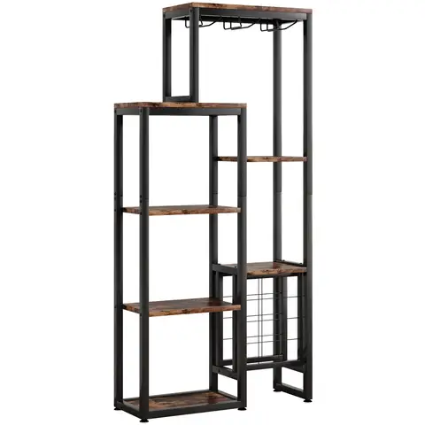 Tribesigns Wine Rack, Freestanding Base, 5-Tier Wine Baker Rack with Glass Holder & Wine Storage, Industrial Wine Rack, Wine Bar Cabinet, for Bar, Kitchen, Dining Room (Rustic Brown, 1 Piece)