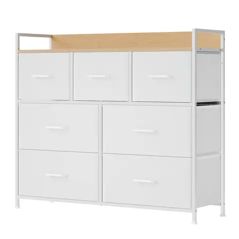 JOYFURNOS  Commode avec 7 Tiroirs, Armoire, Structure en Métal, Style Industriel, Blanc et Beige