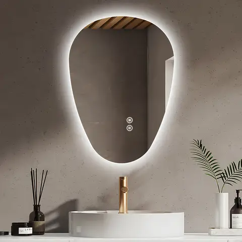 EMKE Badspiegel mit Beleuchtung 60 x 45 cm Asymmetrischer Spiegel mit Touch, 3 Lichtfarben Dimmbar, Beschlagfrei, Badezimmerspiegel mit Beleuchtung IP44 Energiesparend LED Badspiegel