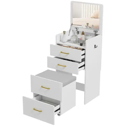 HOMCOM Two Piece Dressing Table with Flip Top Mirror and Rolling Stool, Modern Vanity Desk with Visible Glass Tabletop, Drawers and Side Hook, Makeup Table, Cushioned Storage Stool for Bedroom, White