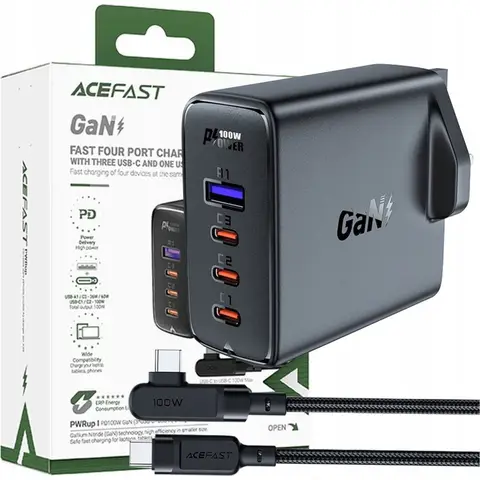 UK GaN-Schnellladegerät 100W Power Delivery 3x USB-C 1x USB - Schwarz