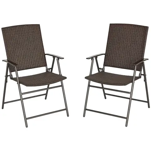 Outsunny Folding Garden Chairs Set of 2, PE Rattan Garden Dining Chairs with Armrests, High Back and Steel Frame, Weather Res