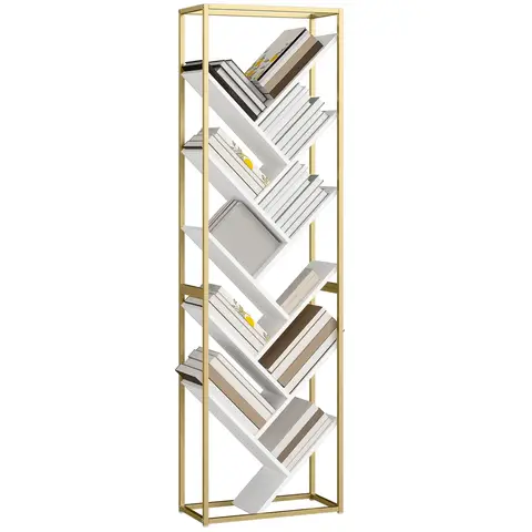 HOMCOM Tree Bookshelf, 10 Tier Floor Standing Bookcase, Modern Tall Display Storage Shelving Unit for Living Room, Home Office, Bedroom, White and Gold Tone