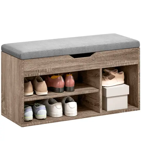 HOMCOM Shoes Cabinet Bench Hidden Storage Padded Seat Organiser Footwear Rack Hallway Grey Wood Grain