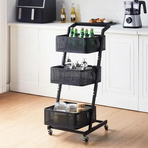 CLIPOP 3 Tier Utility Rolling Cart, Kitchen Vegetable Trolley with Handle and Lockable Wheels, Metal Adjustable Mesh Basket Storage Rack for Fruits, Vegetables, Books,Tools, Black