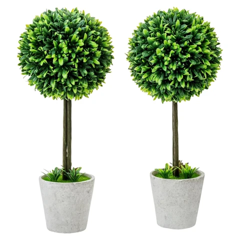 MyGift 37 cm Künstlicher Buchsbaum Topiary Baum - 2er Pack Topfpflanzen Kugeln in Grauem Zellstoff-Übertopf, Tischdekoration für Zuhause