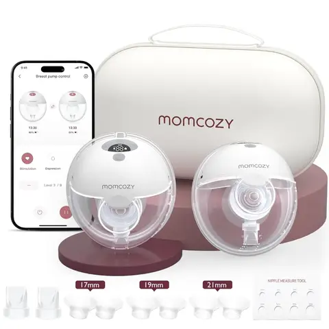 Momcozy M5 Tire-lait portable mains libres, électrique, cône à double étanchéité, 3 modes 9 niveaux d’aspiration, gris, lot de 2