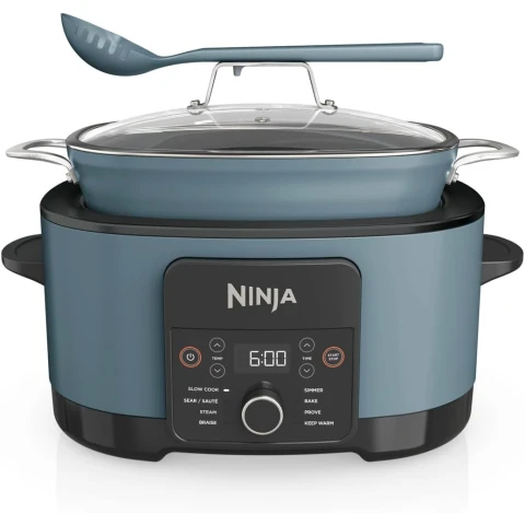 Ninja Foodi PossibleCooker (8 l), 8-in-1 Digital-Multikocher & Slow Cooker mit Topf, Dampfgar-Einsatz, Löffel & Glasdeckel, Slow Cooking, Dämpfen, Anbraten, Backen, 8 Portionen, Sea Salt Grey, MC1001EU