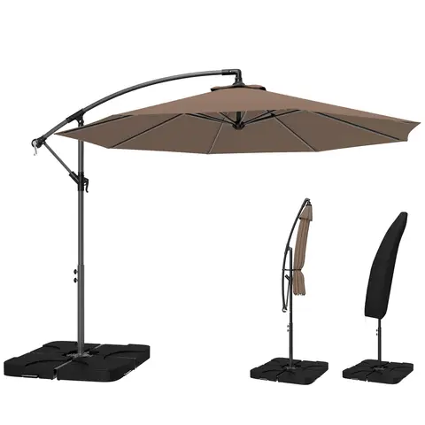 Outsunny 3 m Cantilever Parasol with Umbrella Weights, Cross Base, Offset Outdoor Umbrella with Protective Cover, Crank Handle, Coffee