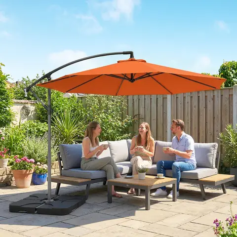 Outsunny 3 m Cantilever Parasol with Umbrella Weights, Cross Base, Offset Outdoor Umbrella with Protective Cover, Crank Handle, Orange