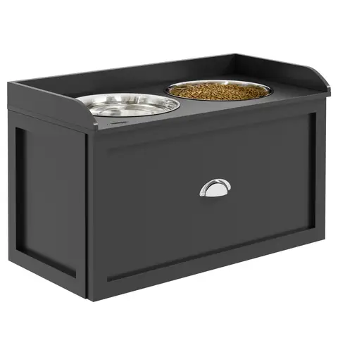 PawHut Stainless Steel Raised Dog Bowls, Double Dog Food and Water Bowl w/ 21L Storage Drawer, for Large Dogs Black