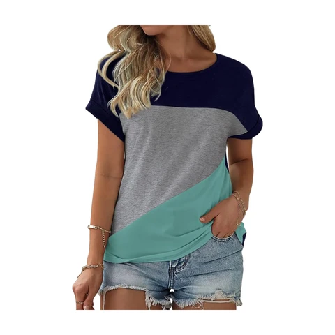 Women's Color Block Short Sleeve Tops Casual Summer T-Shirt (blue, M)