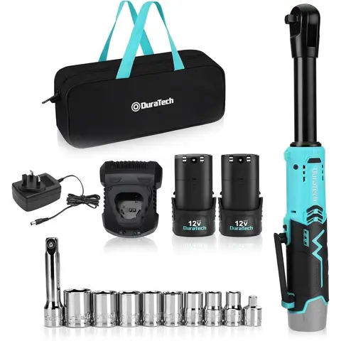 DURATECH 12V Extended Cordless Ratchet Wrench with Tool Bag, 3/8" Electric Cordless Ratchet, Torque 60N.m, 180RPM with LED Light, Electric Ratchet Wrench with Fast Charge &Canvas Bag