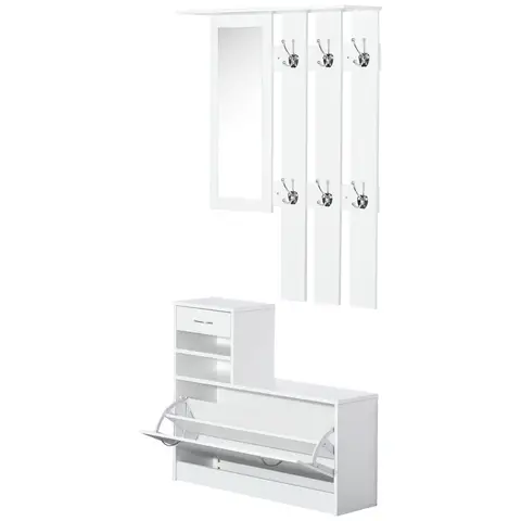 HOMCOM Hallway Furniture Set with Shoe Storage Cabinet and 6 Hooks Coat Rack, Hallway Storage Unit with Mirror, Drawer and Adjustable Shelf, White