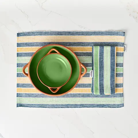 Dexam Placemat & Napkin Set Sintra Striped 100% Cotton Green/Yellow
