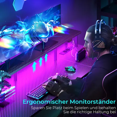 Gaming Table with LED & Sockets, Computer Desk with Monitor Stand & CPU Stand, Desk with 2 Hooks & Footrest, Perfect for Bedroom, Office