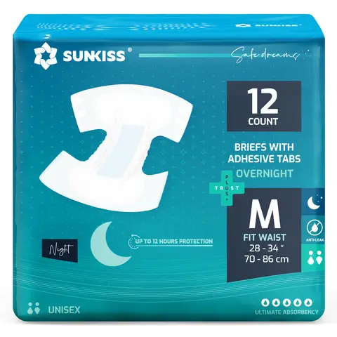 SUNKISS TrustPlus Inkontinenz Windeln für Erwachsene über Nacht, Saugfähige Einweg-Unterwäsche für Männer und Frauen mit Tabs, Unisex, Größe M, 12 Stück