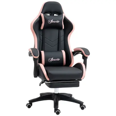 Vinsetto Computer Gaming Chair, PU Leather Office Desk Chair with Footrest, Swivel Wheels, 135° Reclining Back, Lumbar Support, Headrest for Home, Black and Pink