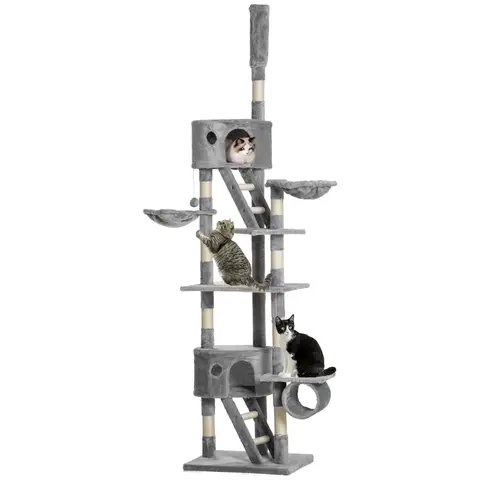 PawHut Floor to Ceiling Cat Tree, 240-260cm Adjustable Height Kitten Tower with Scratching Posts, Cat Houses, Ramps, Hammocks, Toy Balls, Tunnel for Indoor Use- Light Grey