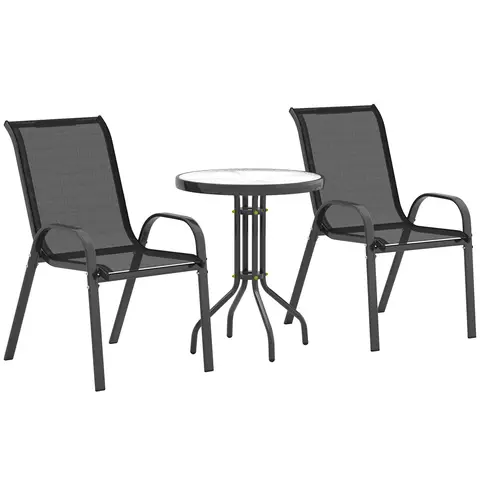 Outsunny 3 Pieces Garden Dining Set, 2 Seater Garden Furniture with High Back Stackable Chairs and Round Glass Top Table, Outdoor Bistro Set for Patio, Black