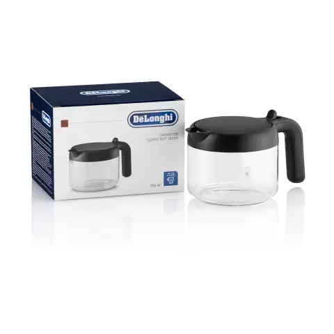 De'Longhi Kaffeekanne DLSC021, Glaskaraffe mit klappbarem Kunststoffdeckel, Zubehör für Kaffeevollautomaten mit Kannenfunktion, Fassungsvermögen 750 ml für bis zu 6 Tassen, spülmaschinenfest, Schwarz
