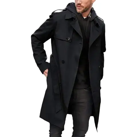 Men's Trench Coat Slim Fit Double Breasted Long Jacket Notched Lapel Belt Fall Windproof Coat (black, M)