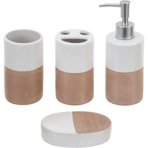 MyGift Deluxe 4-teiliges Badezimmer-Set aus Keramik in Weiß mit Tonstreifen, inklusive Seifenschale, Spenderpumpe, Becher und Zahnbürstenhalter