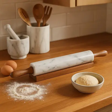 Maison by Premier Salerno White Marble Rolling Pin with Wooden Handles