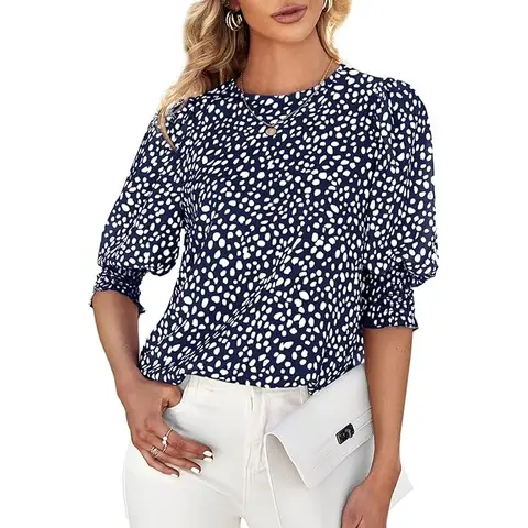 Women's Polka Dot 3/4 Sleeve Blouse Tops Ladies Casual Office Work Crew Neck T-Shirt (darkblue, XXL)