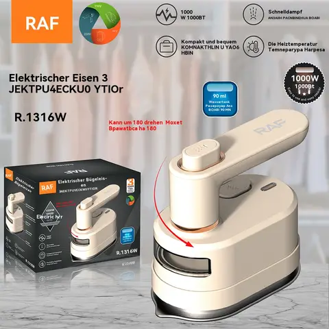 RAF 1000 W tragbares Dampfbügeleisen, 180° drehbarer Hand-Dampfglätter mit 90 ml Wassertank, kompakt und leicht, für Zuhause, Reisen und den täglichen Gebrauch