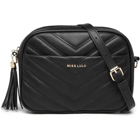Miss Lulu Women Cross Body Bag Shoulder Bag Satchel Handbags Messenger Bag, Synthetic Leather,V-Shaped Knitting Texture,Tassel Decoration, Classic, With Removable and Adjustable Shoulder Strap Black