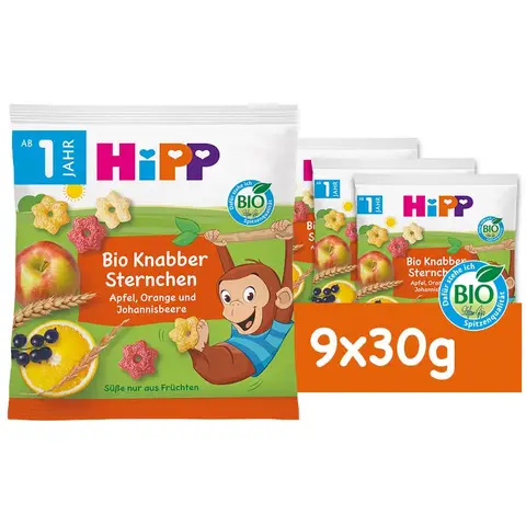 HiPP Knabber-Sternchen mit Apfel, Orange und Johannisbeere ab 1 Jahr 9 x 30 g