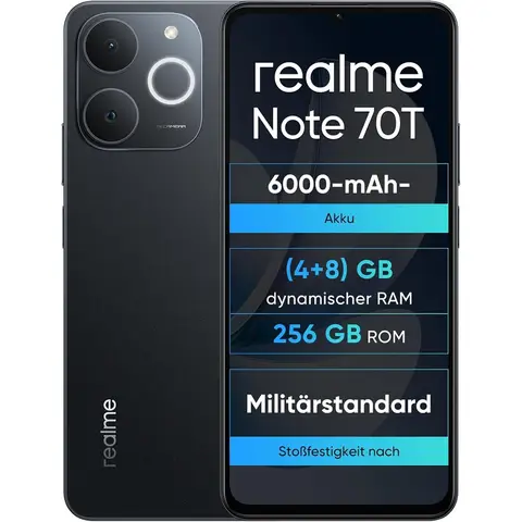 realme Note 70T 4+256GB Smartphone Display Augenkomfort 6,75" @ 90Hz 6000mAh Akku ArmorShell-Schutz Octa-Core-Chipset 7,94 mm Ultra-Dünnes IP54 Schwarz Obsidian Ohne Ladegerät