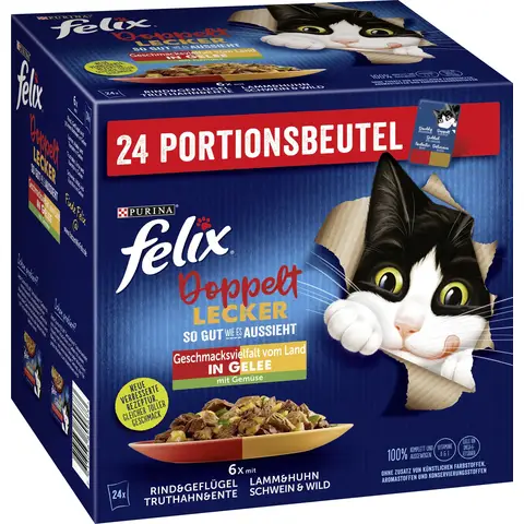 Purina Felix As Good as It Looks Double Delicious in Aspik Vielfältige Geschmacksrichtungen aus dem Land Katzen Nassfutter 24 x 85 g Beutel