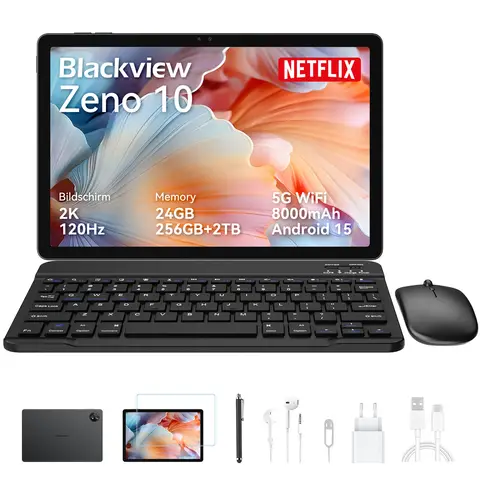 Blackview Zeno 10 Tablet, 11-inch FHD 1920x1200, 5G, Android 15, Gemini AI， Unisoc T8200, 24GB(8+16) RAM + 256GB ROM, 8800mAh,  PC Mode,  Widevine L1,  Face ID,  16MP+13MP, GPS, OTG, Gaming Tablet with Keyboard and Stylus