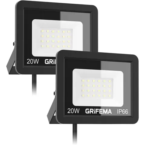 Grifema 20W LED Flutlicht Außen, 2200LM, 6500K Kaltweiß, IP66 Wasserdicht, Verstellbarer 180° Halter, Sicherheitsbeleuchtung für Garten, Garage, Hof, Packung mit 2, Ohne Stecker