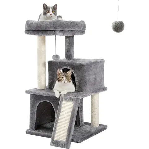 PAWZ Road Katzenstange, Kratzpfahl, Katzenmöbel mit Sisal-Seil, Plüschlounger, hohres Spielhaus, Spielzeug für Katzen, Grau
