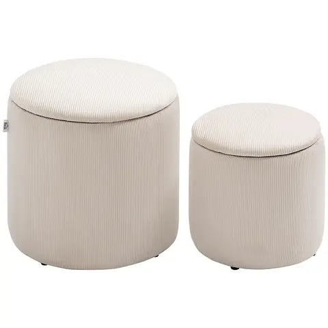 HOMCOM Set of 2 Round Ottoman with Storage, Fabric Vanity Stool for Makeup, Footrest Stool with Removable Lid for Living Room & Bedroom, Cream White