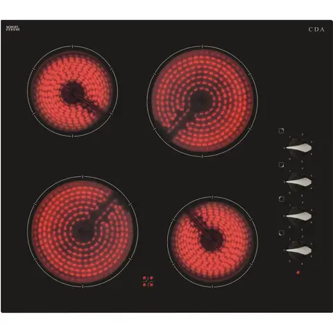 CDA HC6212FR 60cm Four Zone Ceramic Hob, Frameless, Black Glass