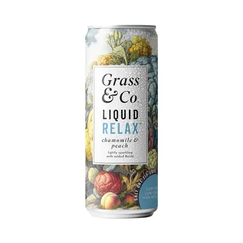 Grass & Co. Liquid RELAX Sparkling Drink Peach Chamomile with 1000mg Reishi Ashwagandha Magnesium B6 B12 Low Sugar 250ml