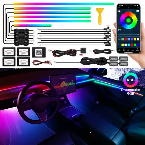 Dreamcolor Acrylic Interior Car LED Strip Light with Wireless APP, RGB 18 in 1 with 175 inches 593 LEDs Fiber Optic Ambient Lighting Kits, 16 Million Colors Sound Active Function Car Neon Lights