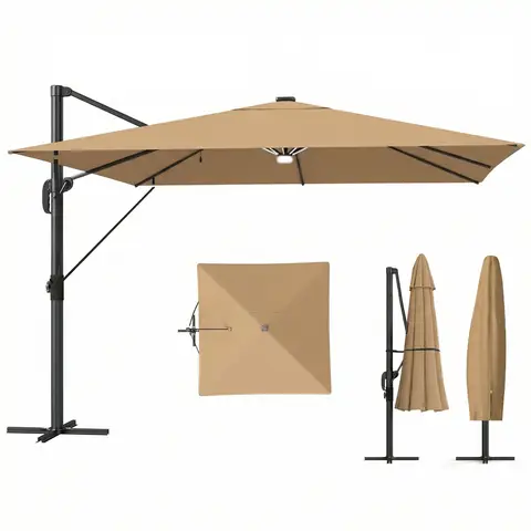 Outsunny 3 x 3 m Garden Cantilever Parasol with Solar Light, Cover, Aluminium Overhanging Umbrella with Wind Protection, 360° Rotation, 4-Position Tilt, Crank Handle, Banana Patio Umbrella, Khaki