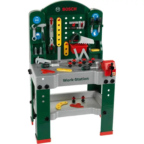 Theo Klein 8580 Bosch Werkbank | 44-teilig | Werkbank mit Lernfunktion Arbeitsfläche | Maße: 61 cm x 44,5 cm x 101 cm | Spielzeug für Kinder ab 3 Jahren