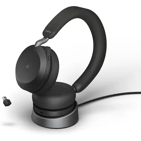 Jabra Evolve2 75 Wireless PC Headset with Charging Dock, 8-Microphone Technology - Dual-Foam Stereo Headphones with Advanced Active Noise Cancellation, USB-C Bluetooth Adapter and MS Compatibility - Black