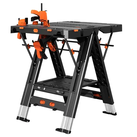 LARBANKE 2-In-1 Folding Workbench & Sawhorse, Waterproof Multi-Function Work Table Work Horse (79x81x63.5cm) - Height-Adjustable, 4 Woodworking Clamps, 4 Connecting Blocks, 2 Limit Blocks, Non-Slip & Tool Storage Tray